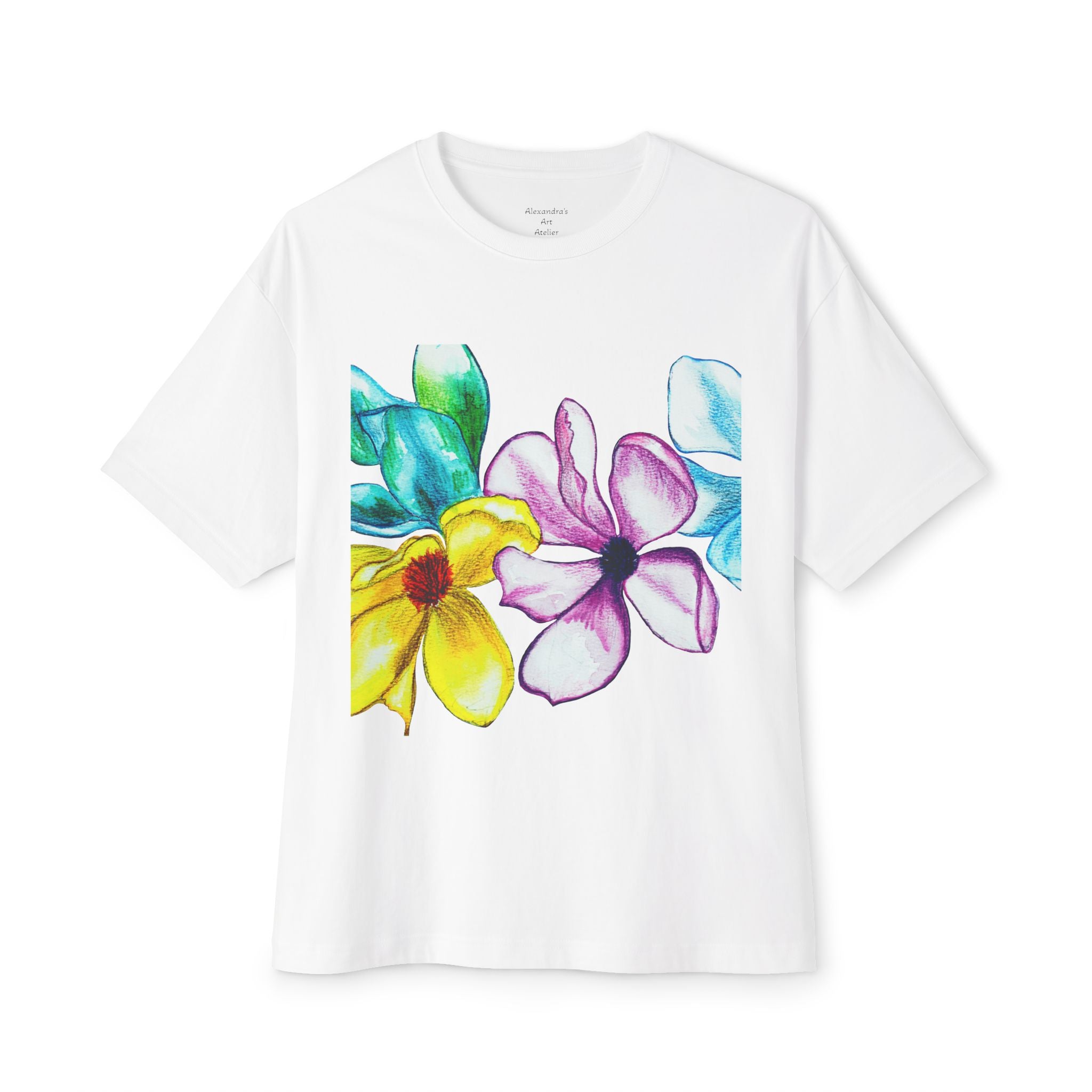 Watercolor Hand-Painted Floral Tee — Vibrant Canvas Flowers Oversized Boxy T-Shirt