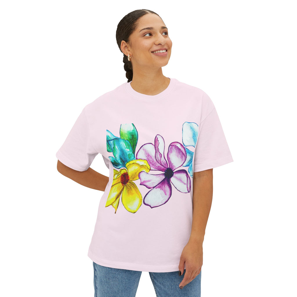Watercolor Hand-Painted Floral Tee — Vibrant Canvas Flowers Oversized Boxy T-Shirt