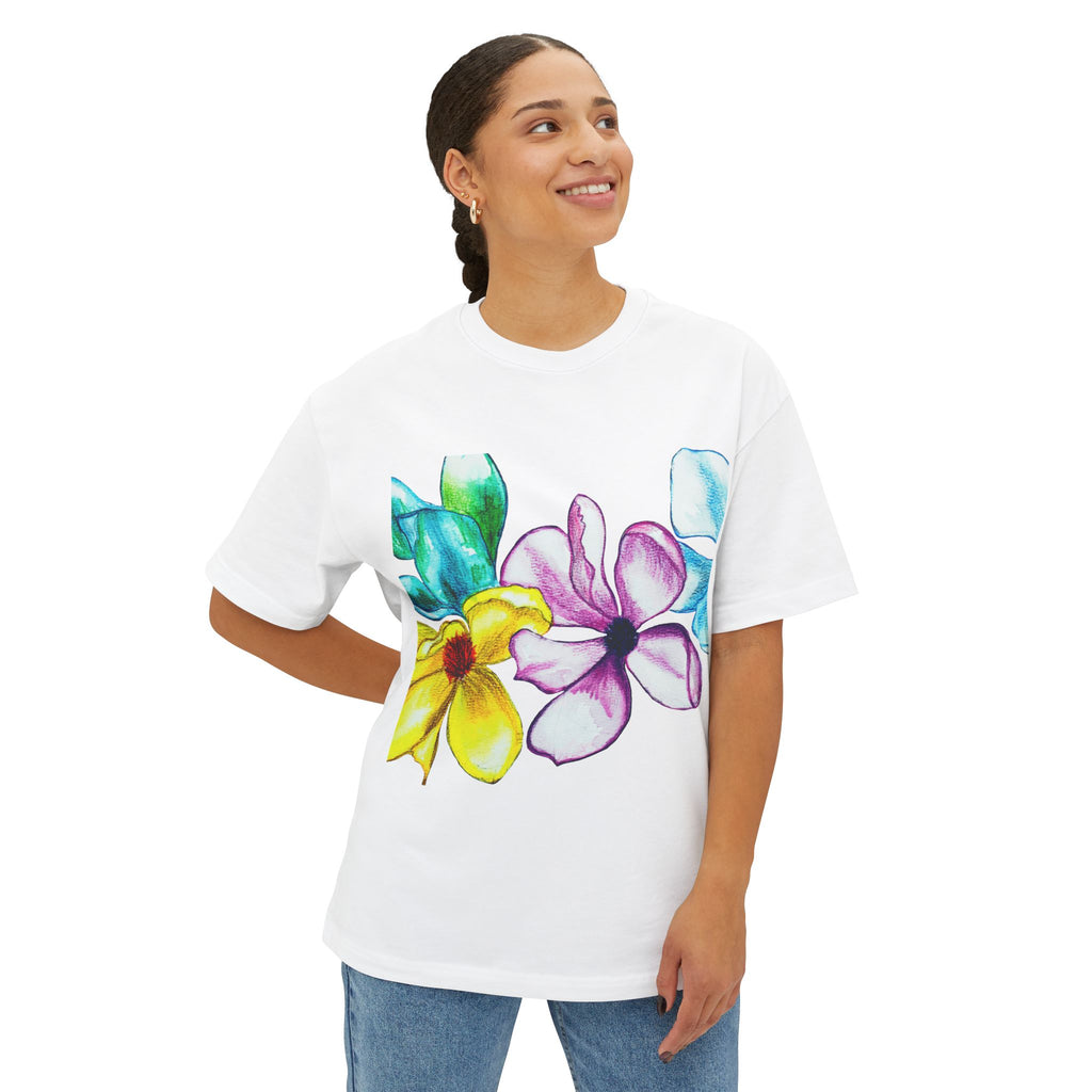Watercolor Hand-Painted Floral Tee — Vibrant Canvas Flowers Oversized Boxy T-Shirt