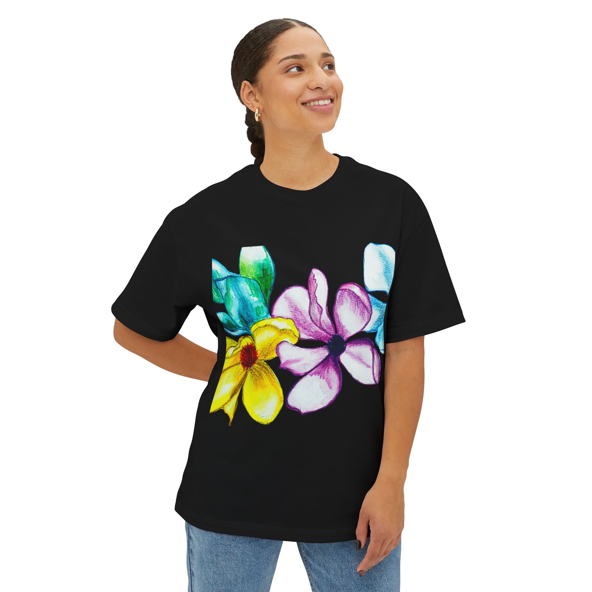 Watercolor Hand-Painted Floral Tee — Vibrant Canvas Flowers Oversized Boxy T-Shirt