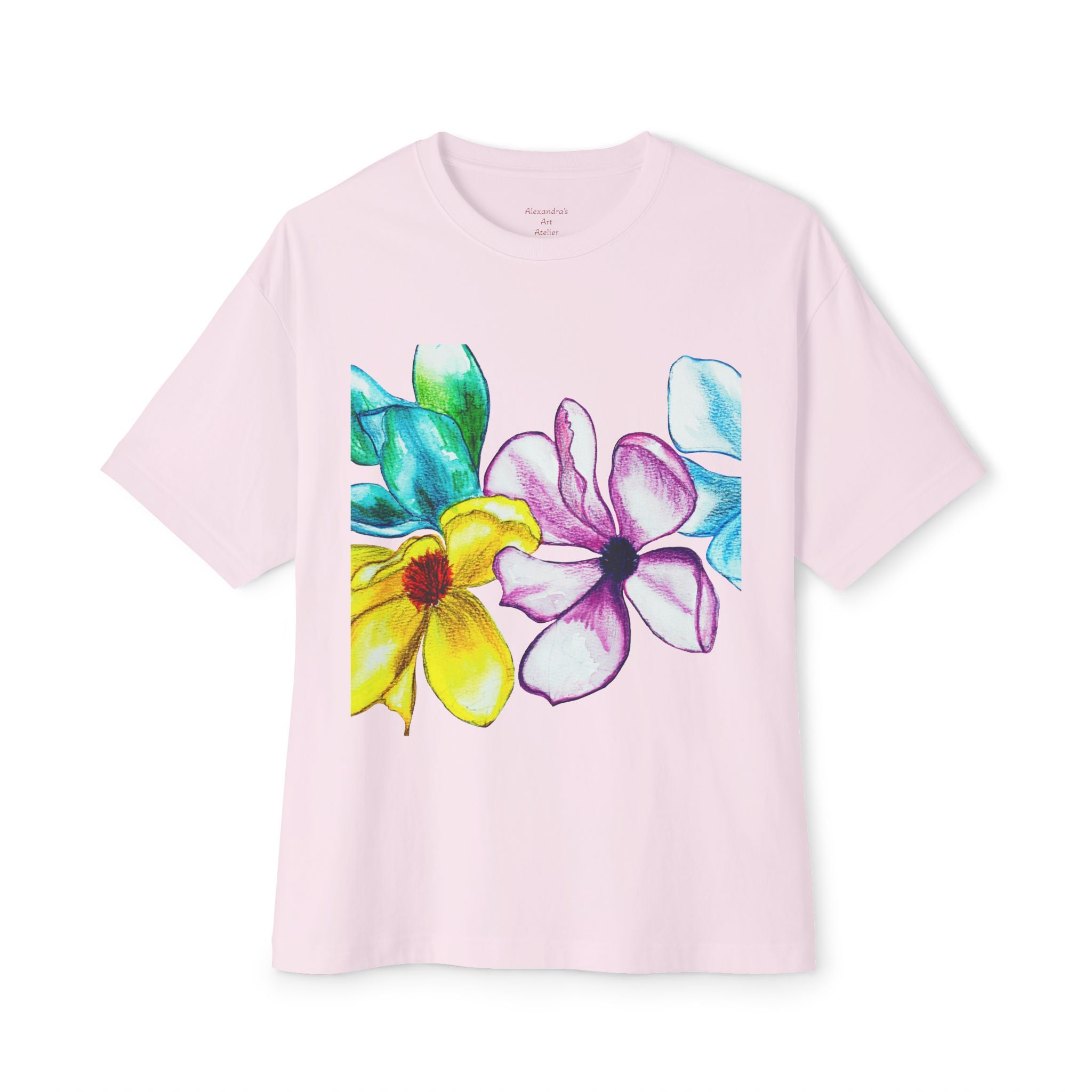 Watercolor Hand-Painted Floral Tee — Vibrant Canvas Flowers Oversized Boxy T-Shirt