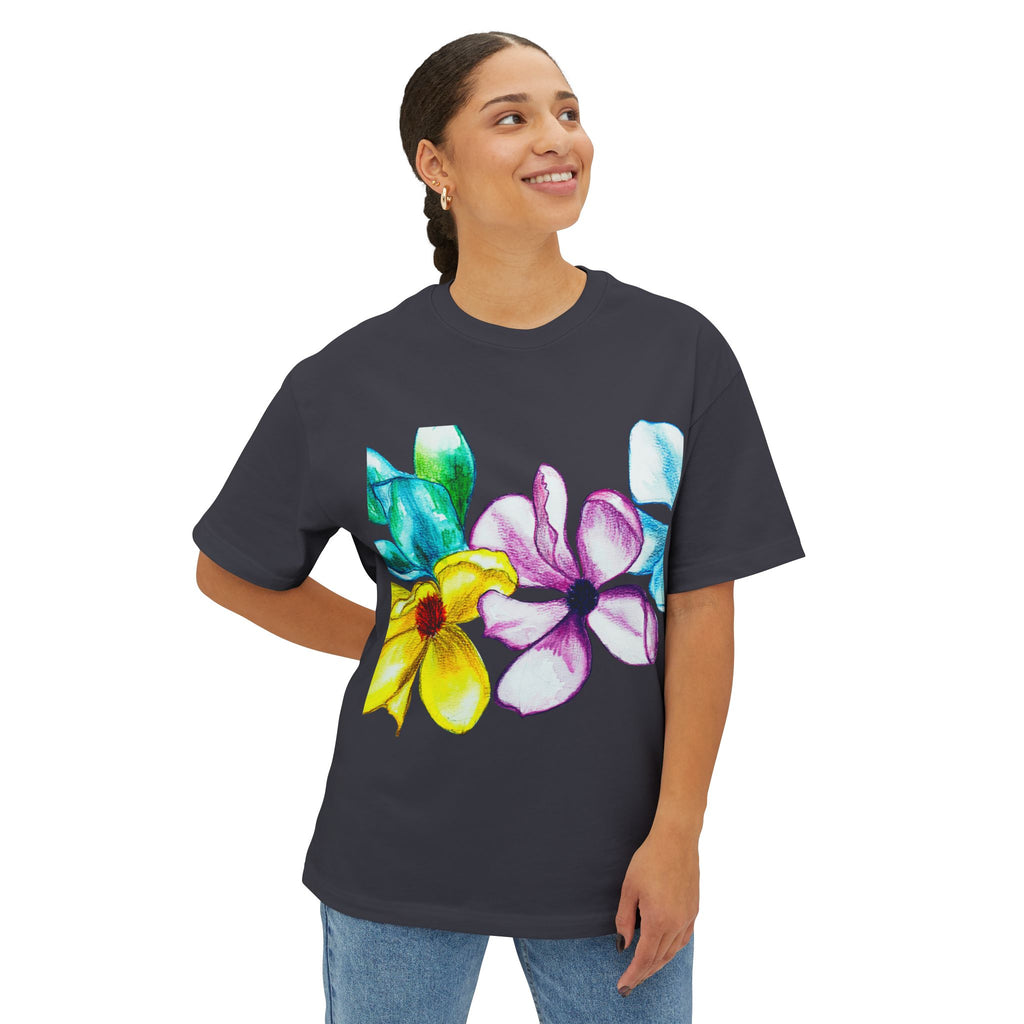 Watercolor Hand-Painted Floral Tee — Vibrant Canvas Flowers Oversized Boxy T-Shirt
