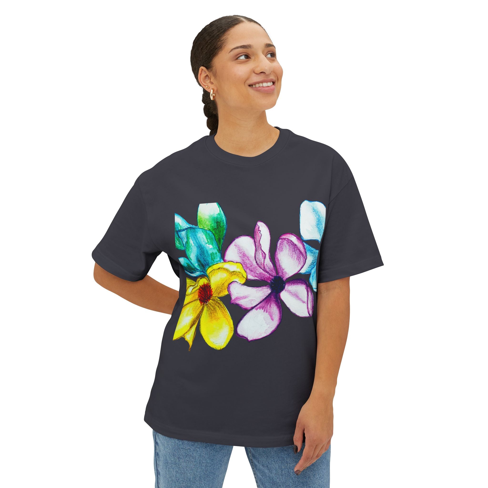 Watercolor Hand-Painted Floral Tee — Vibrant Canvas Flowers Oversized Boxy T-Shirt